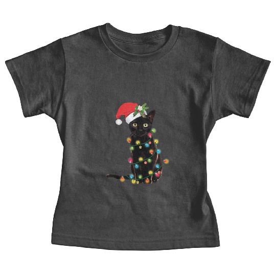 Black Santa Cat Tangled Up In Lights Christmas Baby Tees