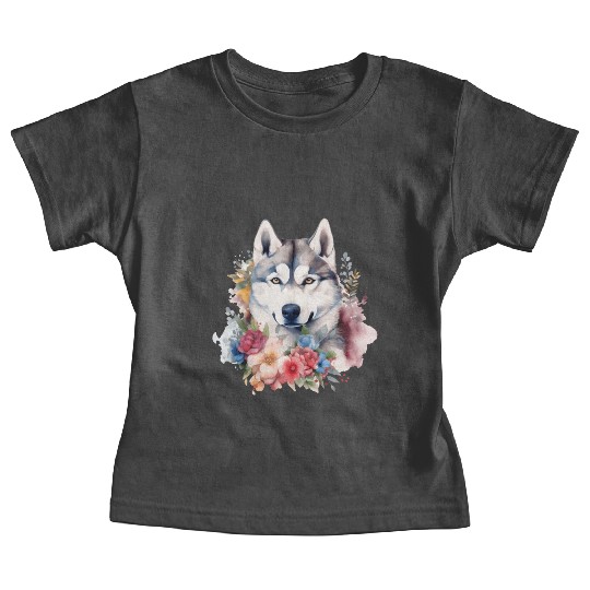Siberian Husky Dog Watercolor Floral Baby Tees