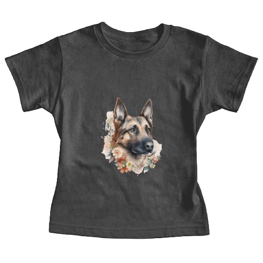German Shepherd Dog Watercolor Floral Baby Tees