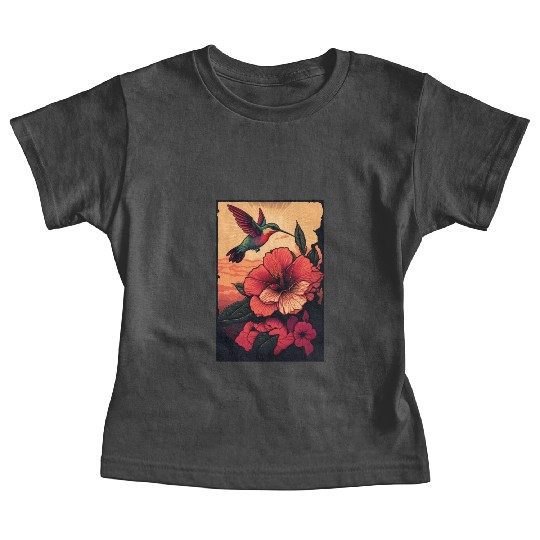 Hummingbird flies over hibiscus flower Tropical Baby Tees