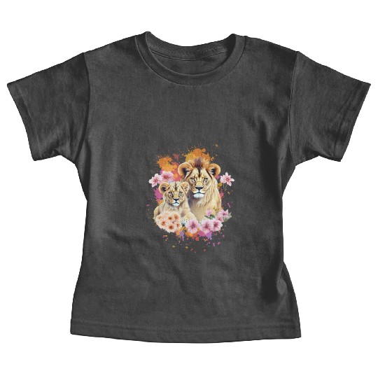 Lion Mom & Son Cubs with Flower Watercolor Baby Tees