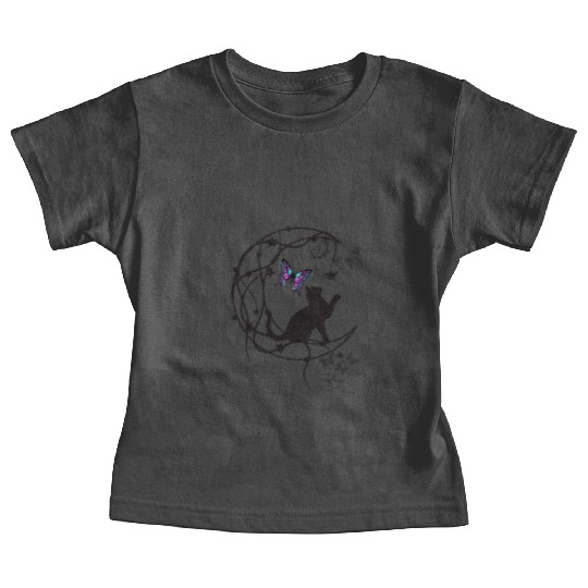 Decorative Black Cat Silhouette With Butterflies Baby Tees