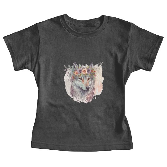 Artistic Watercolor Wolf Flower Crown Floral Anima Baby Tees