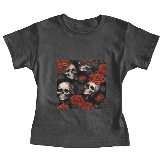 Goth Skulls & Red Roses Pattern Dark Elegant Baby Tees