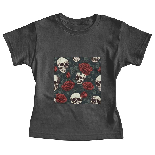 Dark Elegant Gothic Pattern Skulls & Red Roses Baby Tees