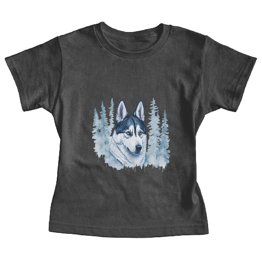 Siberian Husky With A Winter Forest Baby Tees