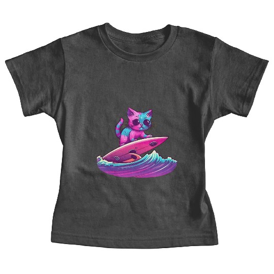 Synthwave Surfing Cat Baby Tees