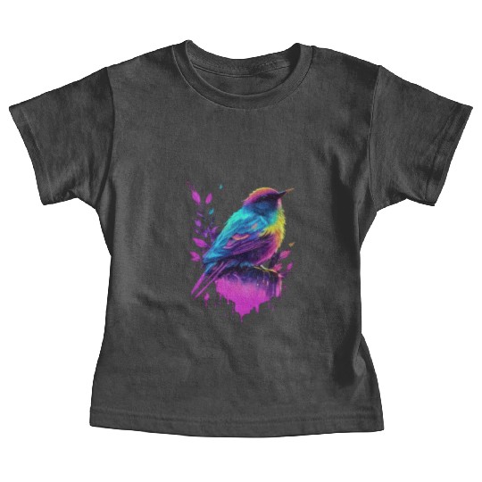 Neon Bird on Pink Leaves - Colorful Nature Art Baby Tees