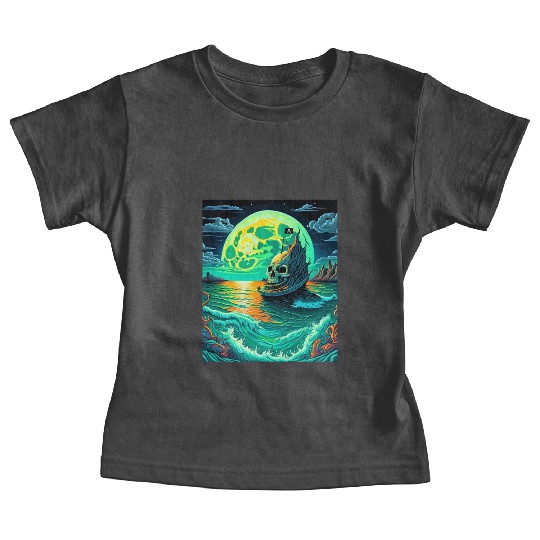 Pirate Ship With A Skull At Full Moon Baby Tees