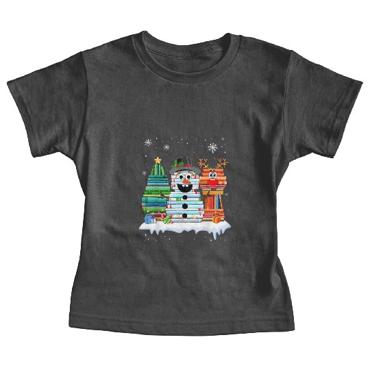 Christmas Tree Snowman Reindeer Book Stack Baby Tees
