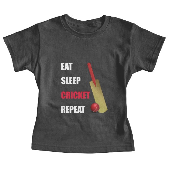 Eat Sleep Cricket Repeat Red and White Text Baby Tees