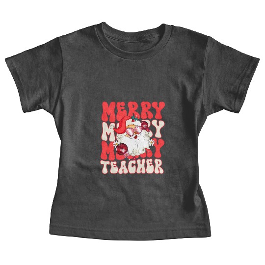 Merry Teacher Christmas Retro Wavy Pink Teacher Baby Tees