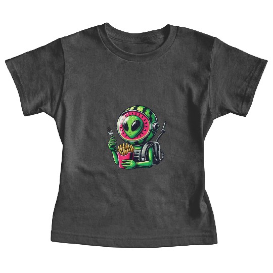Alien with watermelon helmet eats fries Baby Tees