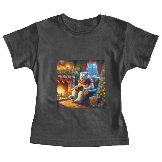 Winter Tales-Merry Cozy Bear Reading by Fireplace Baby Tees