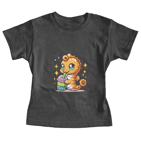 Kawaii Sea Horse Enjoys Bubble Tea Sea Animal Boba Baby Tees