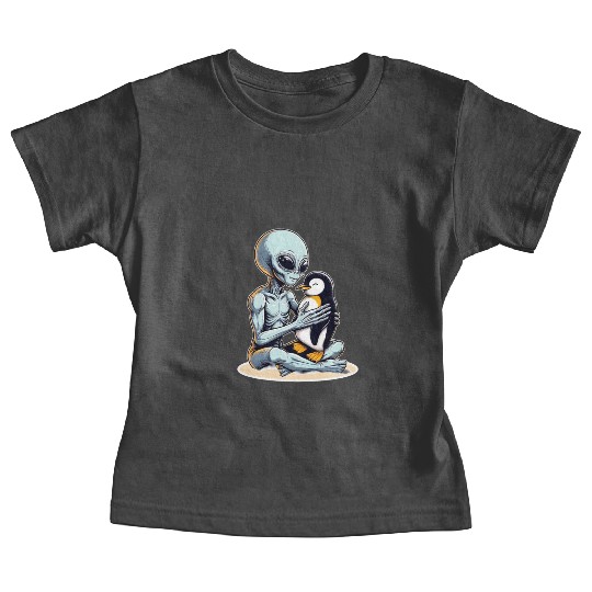 Alien Embracing Penguin Baby Tees