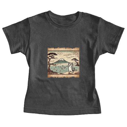 Mt. Fuji Kitten Papyrus Scroll Retro Japanese Art Baby Tees