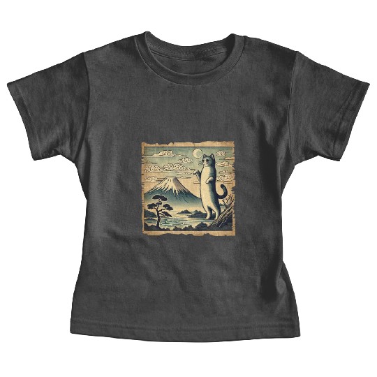 Mt. Fuji Kitten Papyrus Scroll Retro Japanese Art Baby Tees