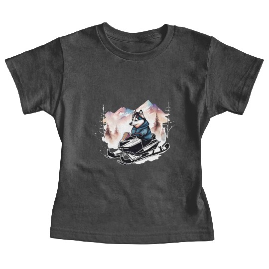 Husky Riding Snowmobile In Mountains Baby Tees