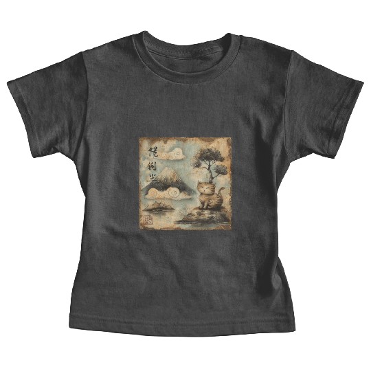 Mt. Fuji Kitten Papyrus Scroll Retro Japanese Art Baby Tees