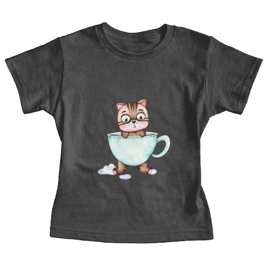 Surprised Silly Cat Wearing Coffee Cup Baby Tees