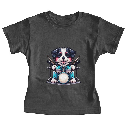 Cool Border Collie Drummer Puppy Design Baby Tees