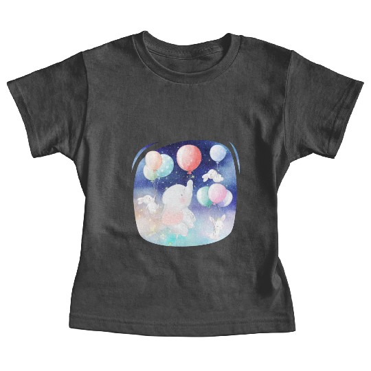 Elephant And Rabbit Flying To Space Using Balloon Baby Tees