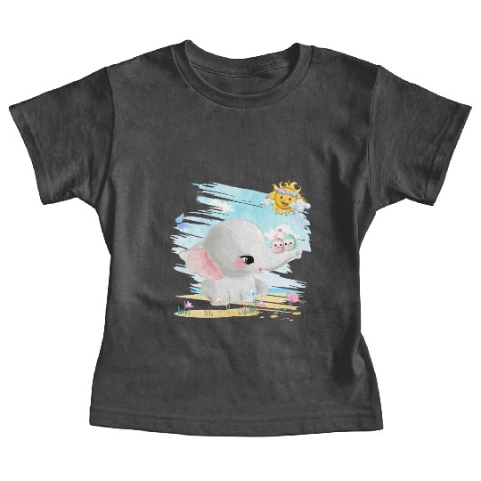 Elephant Walking At Beach With 2 Birds Friends Baby Tees