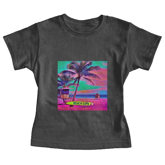 Neon Beach Life Scene 90's Vibes - Surfboard, Sand Baby Tees