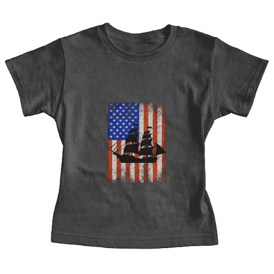 Black silhouette of pirate boat American flag Baby Tees