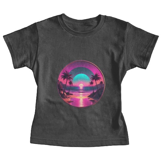 Synthwave Beach Scene with Palm Trees and Sunset Baby Tees