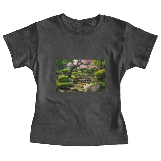 Serene Japanese Garden with Waterfall and Blossoms Baby Tees