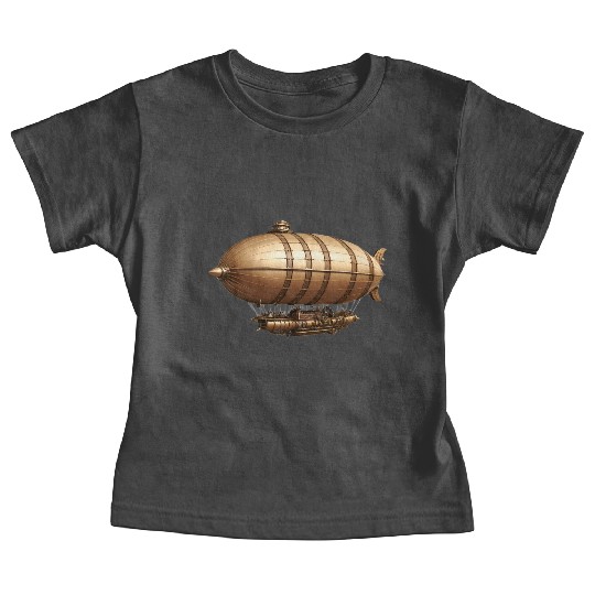 A large steampunk-style airship with bronze metal Baby Tees