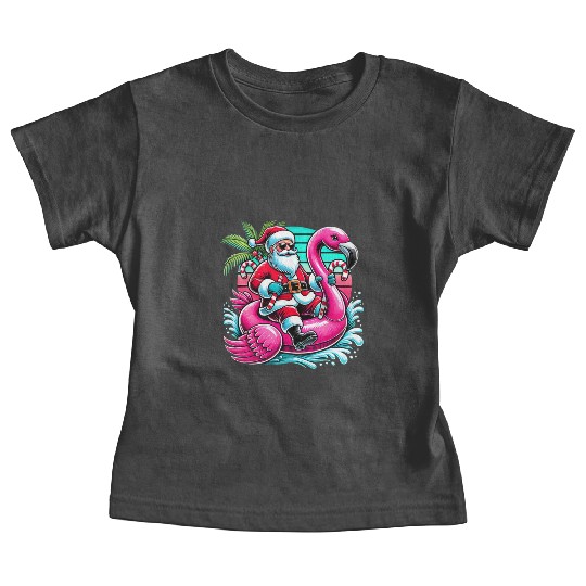 Santa Riding Flamingo in Tropical Christmas Fun Baby Tees