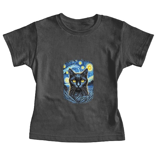 Funny Starry Night Black Cat Van Gogh Art Cat Baby Tees