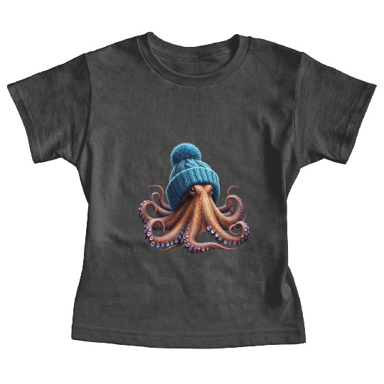 An Octopus Wearing a Knitted Blue Winter Hat Baby Tees