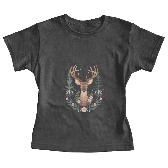 Cottagecore Deer with Floral Wreath and Evergreen Baby Tees