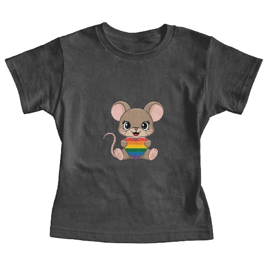 Cute Mouse Holding LGTBQ Rainbow Heart Baby Tees