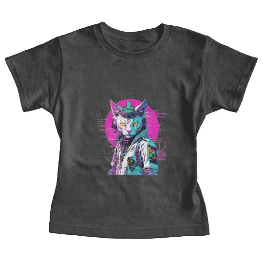 Neon Cyberpunk Warrior Cat Baby Tees