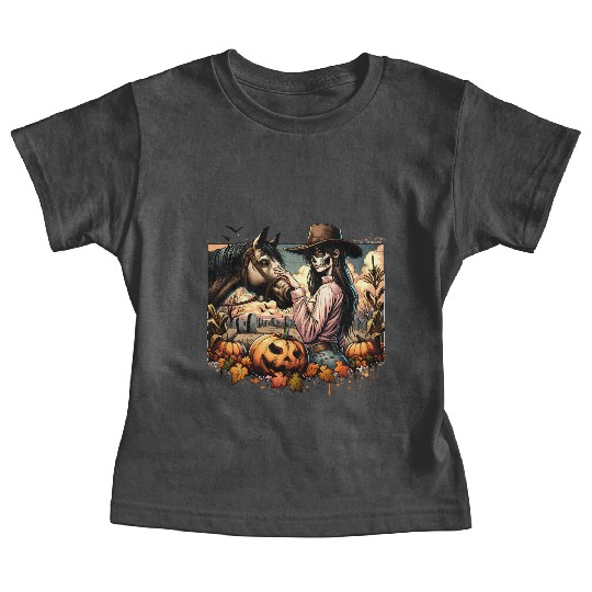 Haunting Cowgirl and Horse in Halloween Graveyard Baby Tees