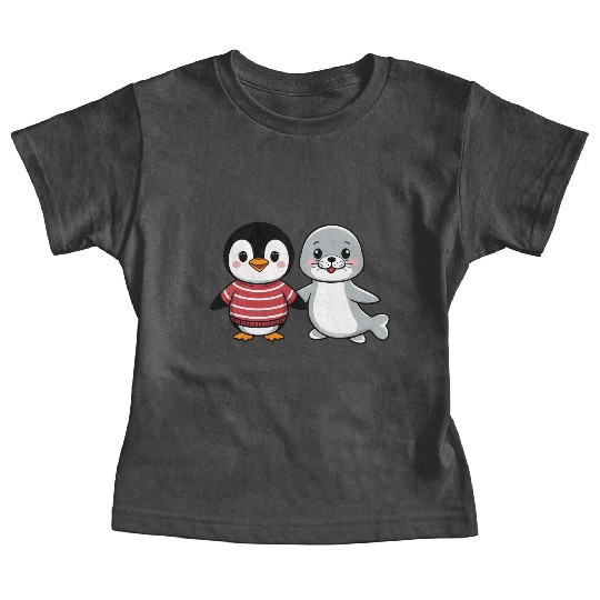 Penguin and Seal Friends holding hands Baby Tees