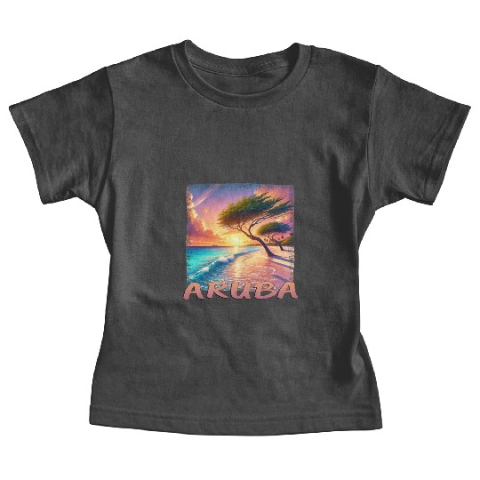 Aruba Eagle Beach Sunset Palm Trees Grunge Baby Tees