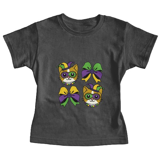 Mardi Gras Cat with Colorful Bows Baby Tees