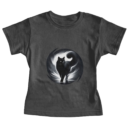 Mysterious and Elegant Black Cat Walking in Light Baby Tees
