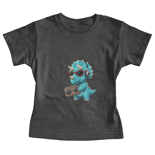 Dino cartoon triceratops listening to music Baby Tees