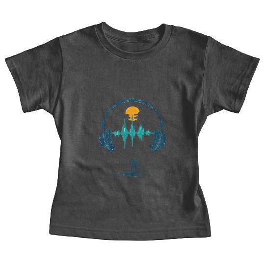 Playful Illustration Headphones and Surfing Theme Baby Tees