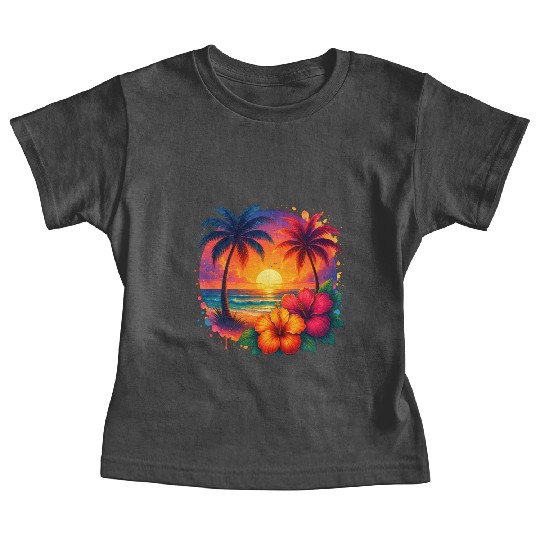Tropical Sunset Palm Trees and Hibiscus Baby Tees