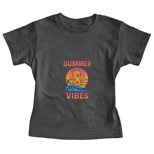 Summer Vibes Cat Surfing Sunset Baby Tees