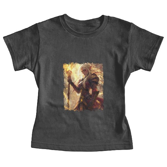 Fiery Elf Mage with Glowing Magical Staff Design Baby Tees