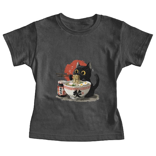 Black Cat Eating Ramen Japanese Funny Cat Baby Tees